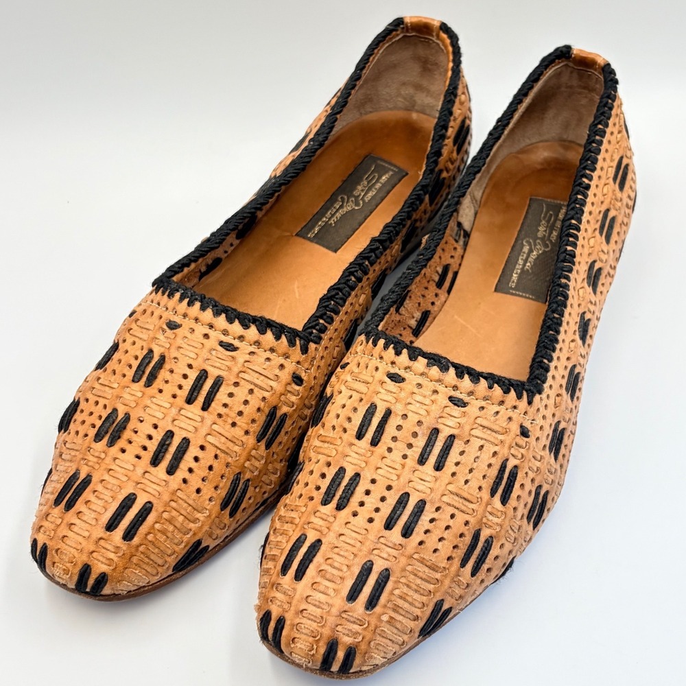 Sesto Meucci Womens 8M Italian Woven Leather Loafers Black Tan Flats Italy Chic